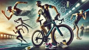 Image d'équipements de triathlon en action, incluant un vélo de triathlon, un athlète portant une trifonction, des accessoires de natation tels que des lunettes et un bonnet, ainsi que des chaussures de course et une ceinture d’hydratation.