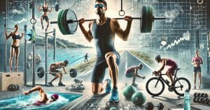 Entraînement de triathlon avec musculation, natation, cyclisme et course, mettant en avant la force, l'endurance et la concentration d'un athlète.