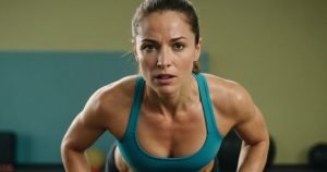 Personne en sueur faisant des burpees avec une expression déterminée, environnement de gym varié en arrière-plan