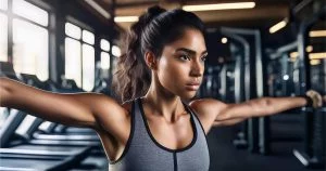Athlète déterminé effectuant un exercice de réathlétisation, visage concentré, dans une salle de sport moderne
