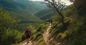 Cette image illustre parfaitement l'esprit du Trail des Templiers, mettant en avant des coureurs s'aventurant sur un sentier sinueux, entourés par des paysages verdoyants et vallonnés. Sous un soleil doux et couchant, les participants avancent à travers les collines boisées du Causse Noir, un terrain emblématique de la course. Le contraste entre la lumière dorée et les ombres des arbres offre une atmosphère à la fois paisible et intense, capturant l'essence même de l’aventure en plein air, typique des épreuves de trail en montagne. Ce visuel renforce l'idée de défi physique et d'évasion, éléments centraux du Trail des Templiers.