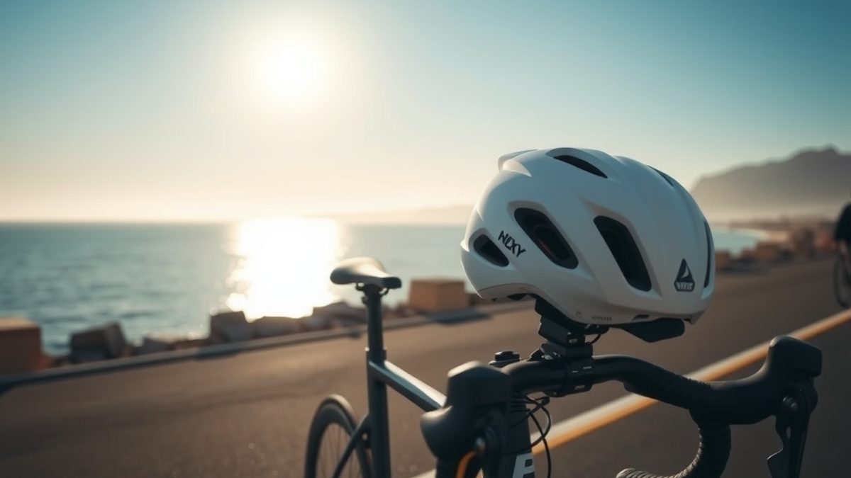 Aire de transition vide à l'aube avec un vélo de route posé sur un rack et un casque aéro sans marque sur le guidon