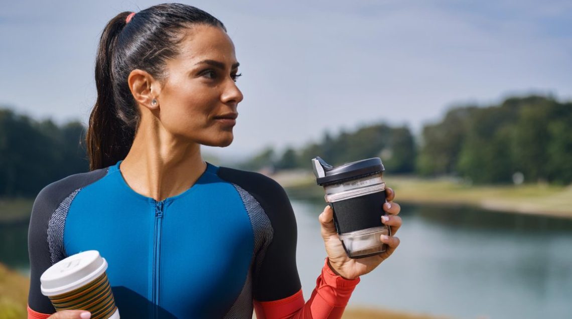Triathlète énergique jonglant entre caféine et suppléments ergogéniques, prêt pour les défis de la natation, du cyclisme et de la course à pied