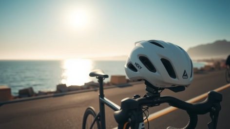 Aire de transition vide à l'aube avec un vélo de route posé sur un rack et un casque aéro sans marque sur le guidon