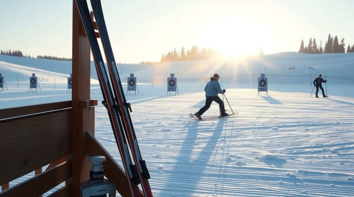 Pas de tir de biathlon enneigé et vide au lever du jour, skis de fond posés contre un rack