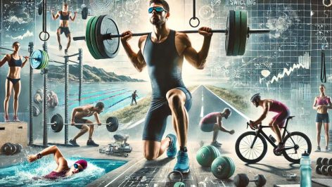 Entraînement de triathlon avec musculation, natation, cyclisme et course, mettant en avant la force, l'endurance et la concentration d'un athlète.