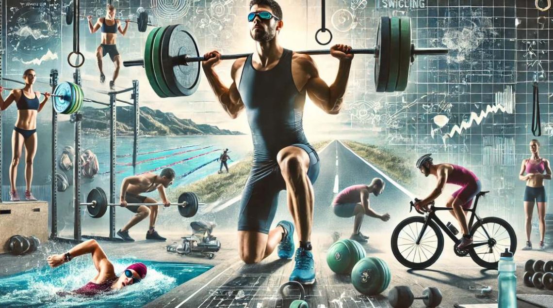 Entraînement de triathlon avec musculation, natation, cyclisme et course, mettant en avant la force, l'endurance et la concentration d'un athlète.