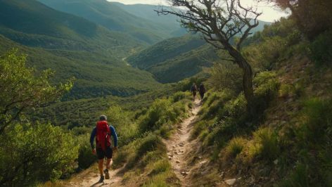 Cette image illustre parfaitement l'esprit du Trail des Templiers, mettant en avant des coureurs s'aventurant sur un sentier sinueux, entourés par des paysages verdoyants et vallonnés. Sous un soleil doux et couchant, les participants avancent à travers les collines boisées du Causse Noir, un terrain emblématique de la course. Le contraste entre la lumière dorée et les ombres des arbres offre une atmosphère à la fois paisible et intense, capturant l'essence même de l’aventure en plein air, typique des épreuves de trail en montagne. Ce visuel renforce l'idée de défi physique et d'évasion, éléments centraux du Trail des Templiers.
