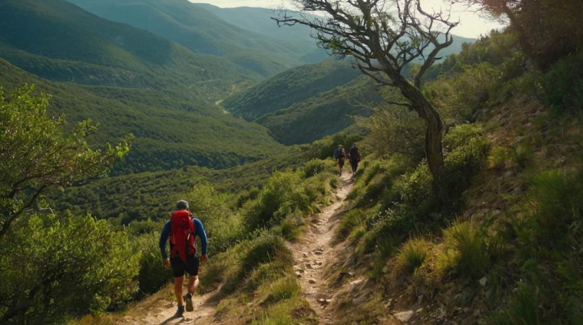 Cette image illustre parfaitement l'esprit du Trail des Templiers, mettant en avant des coureurs s'aventurant sur un sentier sinueux, entourés par des paysages verdoyants et vallonnés. Sous un soleil doux et couchant, les participants avancent à travers les collines boisées du Causse Noir, un terrain emblématique de la course. Le contraste entre la lumière dorée et les ombres des arbres offre une atmosphère à la fois paisible et intense, capturant l'essence même de l’aventure en plein air, typique des épreuves de trail en montagne. Ce visuel renforce l'idée de défi physique et d'évasion, éléments centraux du Trail des Templiers.