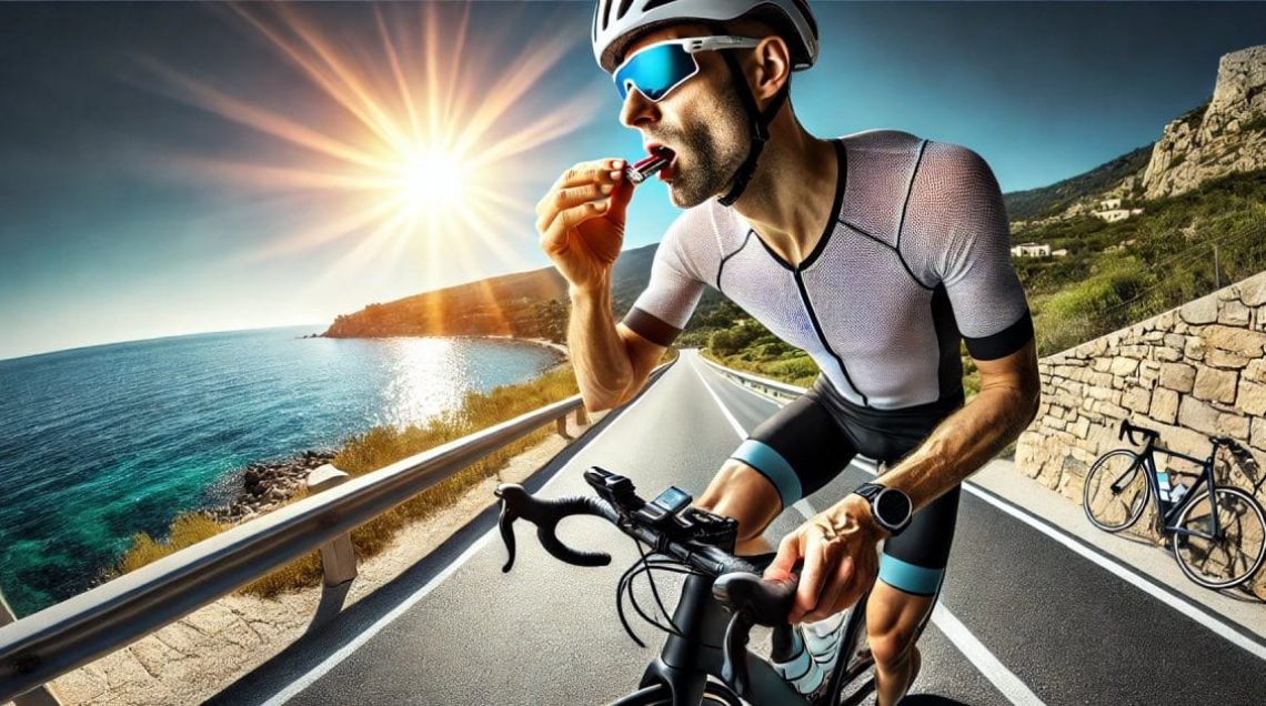 Un triathlète consommant un gel énergétique pendant une course de triathlon, soulignant l’importance de la nutrition pour maintenir l’énergie et la performance lors des compétitions d’endurance.
