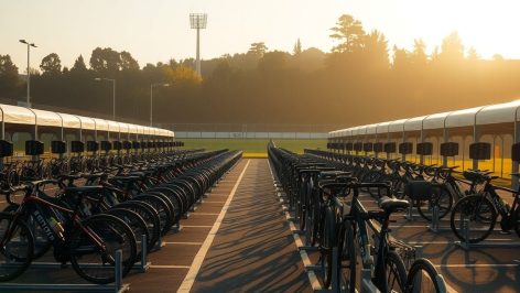 Aire de transition de triathlon vide à l'aube, symbole des nouvelles règles de protection des athlètes